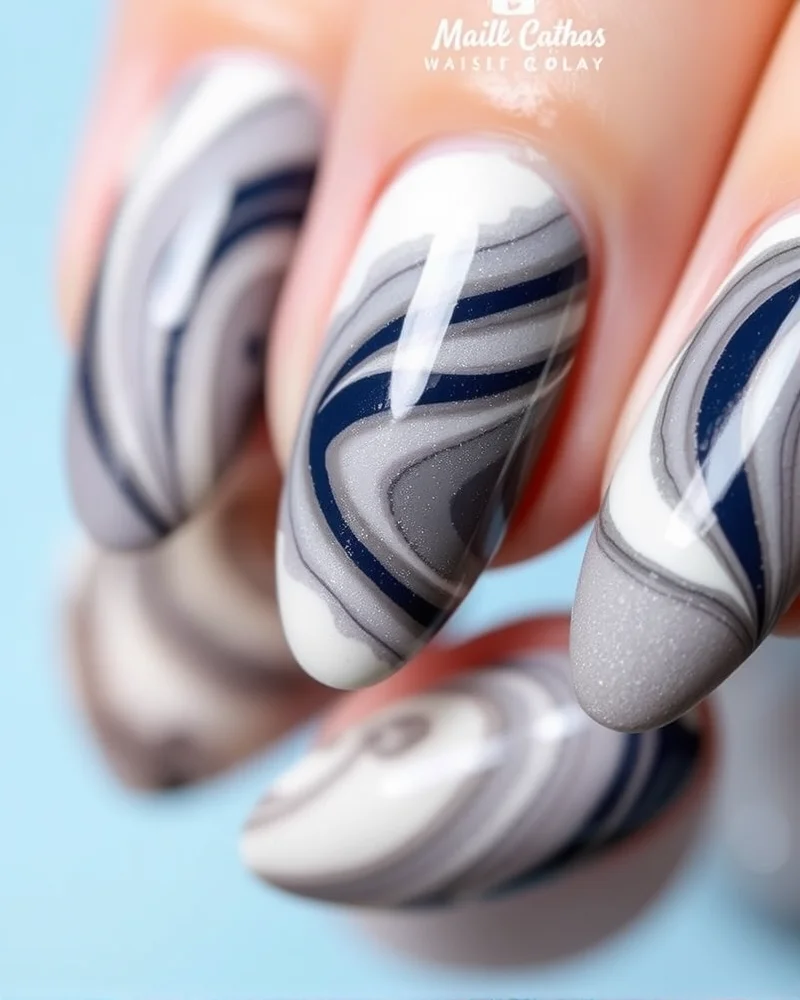 August September Nails: The Ultimate Transition Manicure Guide 6 Abstract marble swirl design on almond nails for seasonal transition.