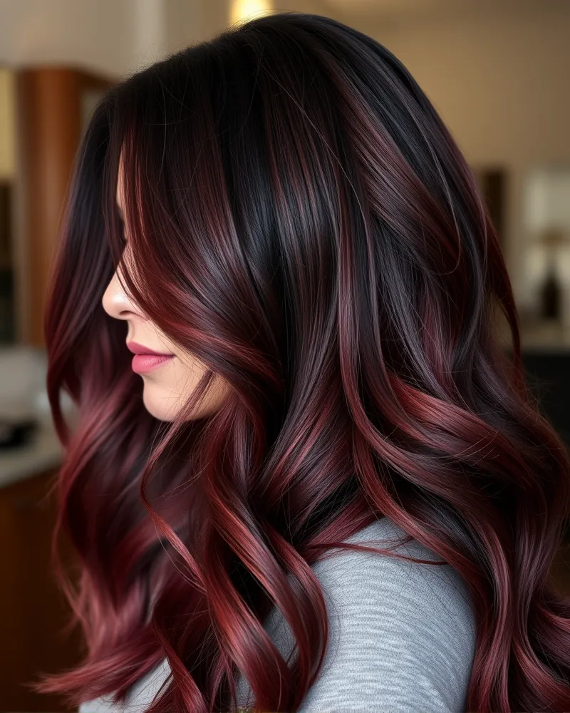 A woman with balayage hair featuring dark roots and burgundy ends.