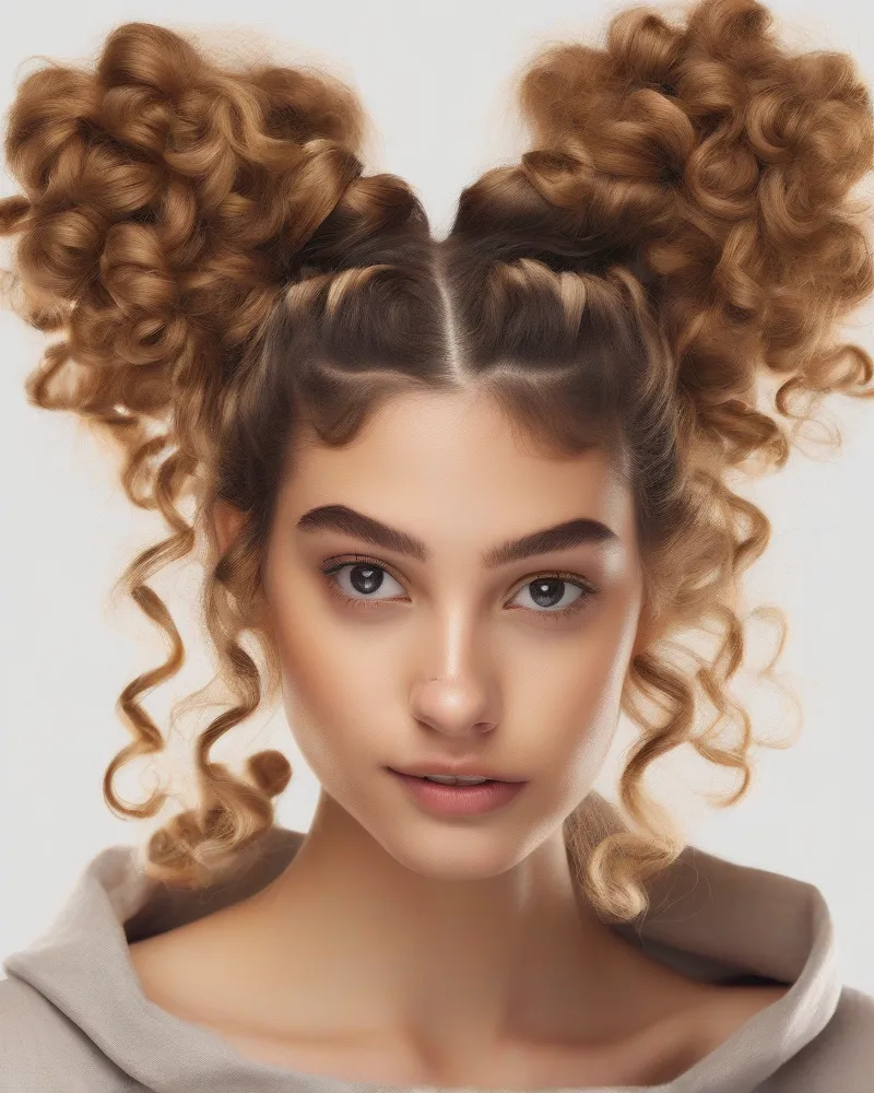Creative half-up space buns on a woman with natural curls.