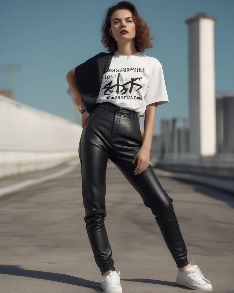 Leather pants and graphic tee, a modern choice for a folk concert.