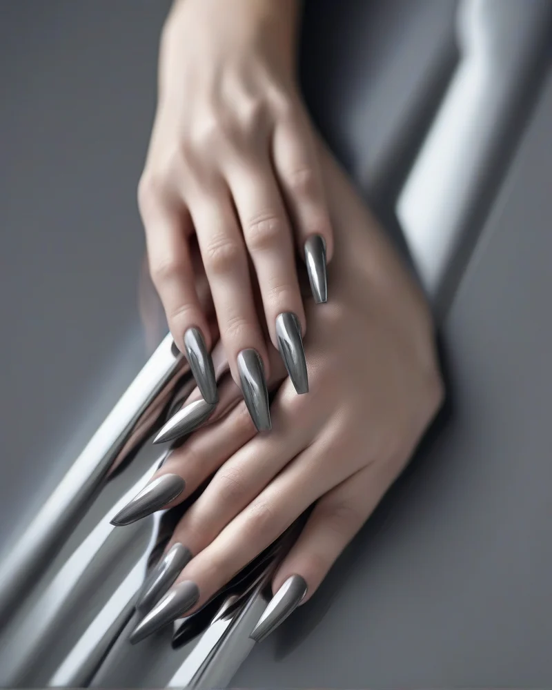 Long coffin-shaped nails featuring slate grey chrome as a top choice for September nail colors.