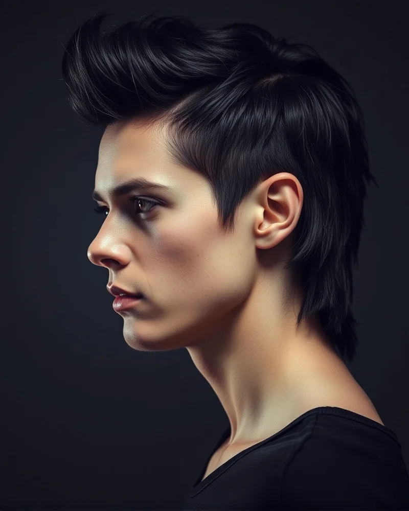 A contemporary, high-fashion textured mullet hairstyle.