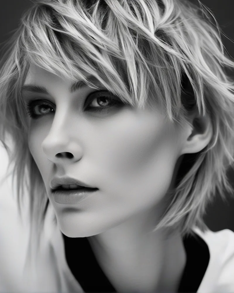 A woman with fine hair sporting a voluminous, edgy shag haircut featuring textured layers and a matte, rock-inspired style.