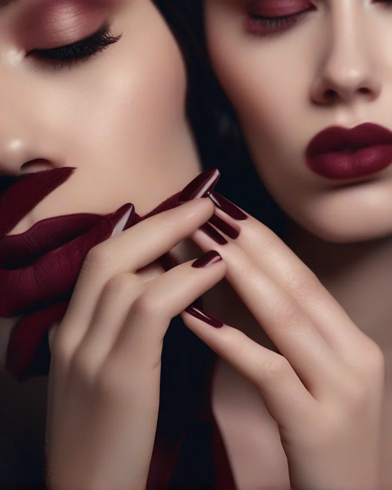 A woman with a 90s shaggy bob haircut displaying her manicured nails with deep burgundy vampy polish and chrome highlights to match her retro-aesthetic style.