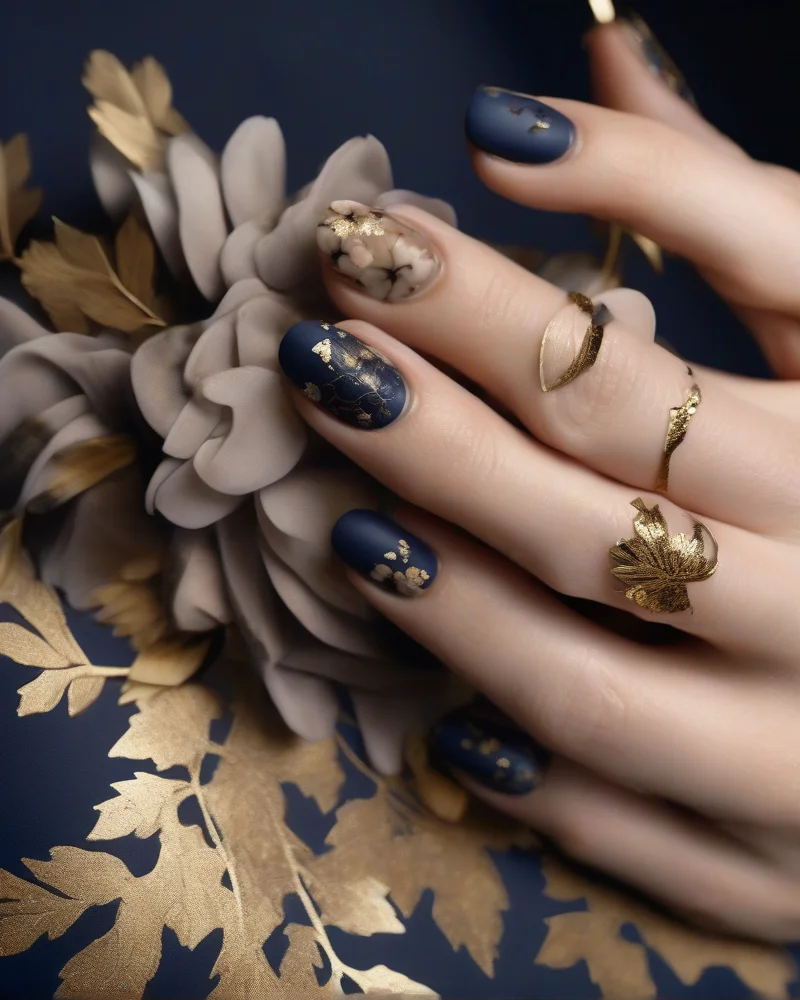 Moody floral nail art featuring deep navy background with dried flowers and gold leaf accents for a September manicure.