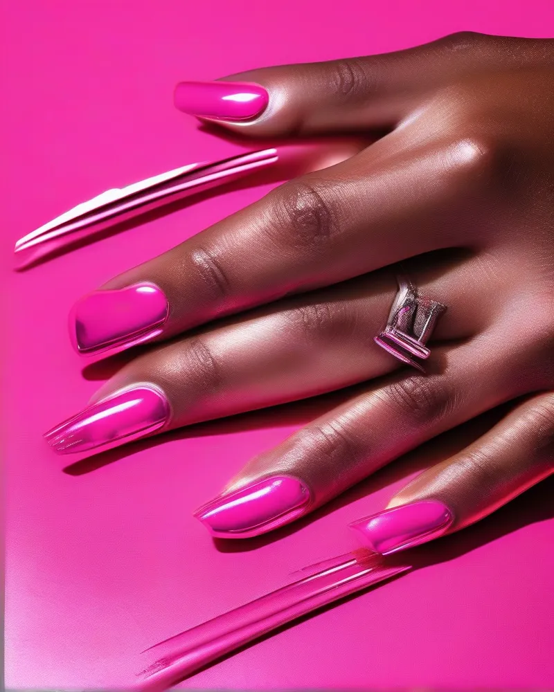 Close up of neon pink Y2K nails with silver chrome powder finish showing a liquid metal aesthetic.
