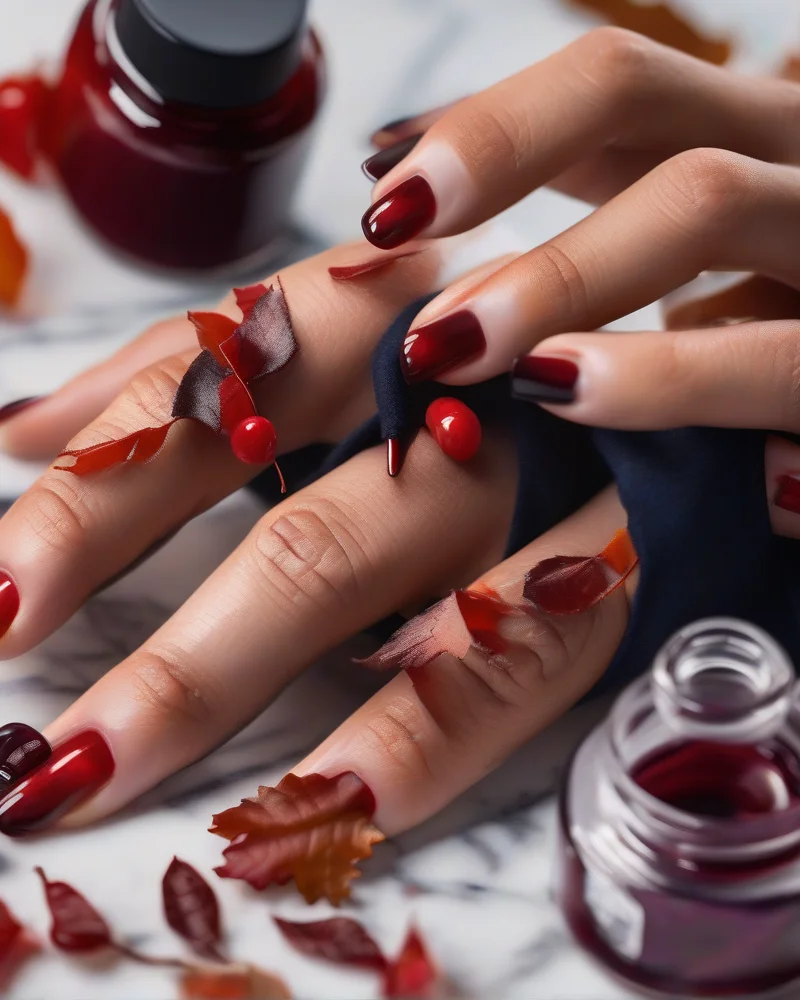Transition Nails Summer to Fall 6 A professional nail polish mixology setup showing the layering technique of sheer red jelly polish over dark opaque base colors to create moody autumn oxblood tones.