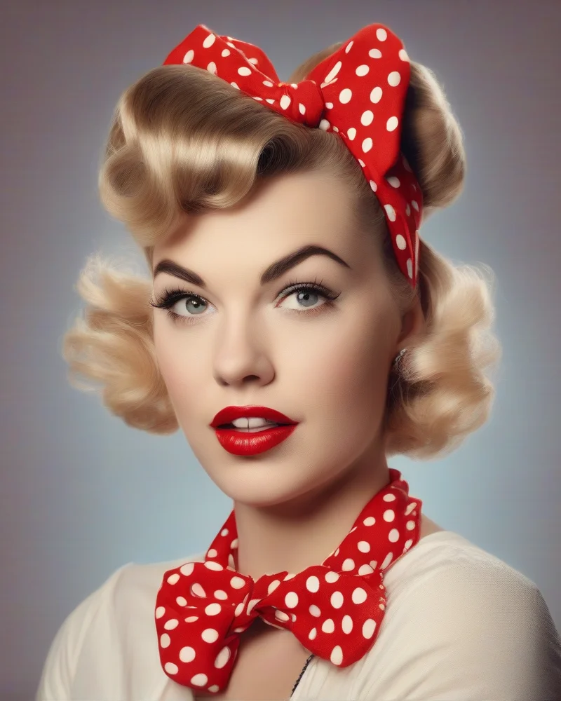Close-up view of a woman wearing a retro pin-up bandana hairstyle with a front knot and face-framing layers.