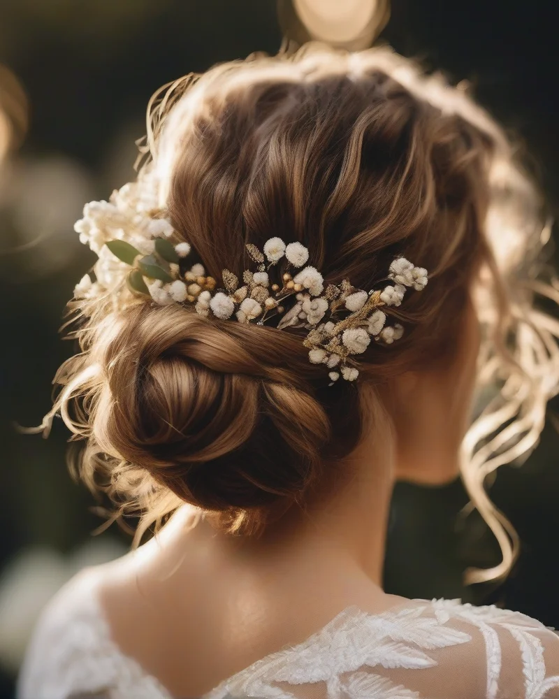 An elegant bohemian wedding low bun hairstyle with wispy face-framing tendrils and floral accents, styled for a modern bride.