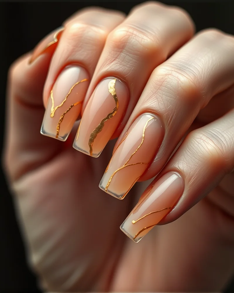 Abstract metallic gold lines on short square summer nails 2026.