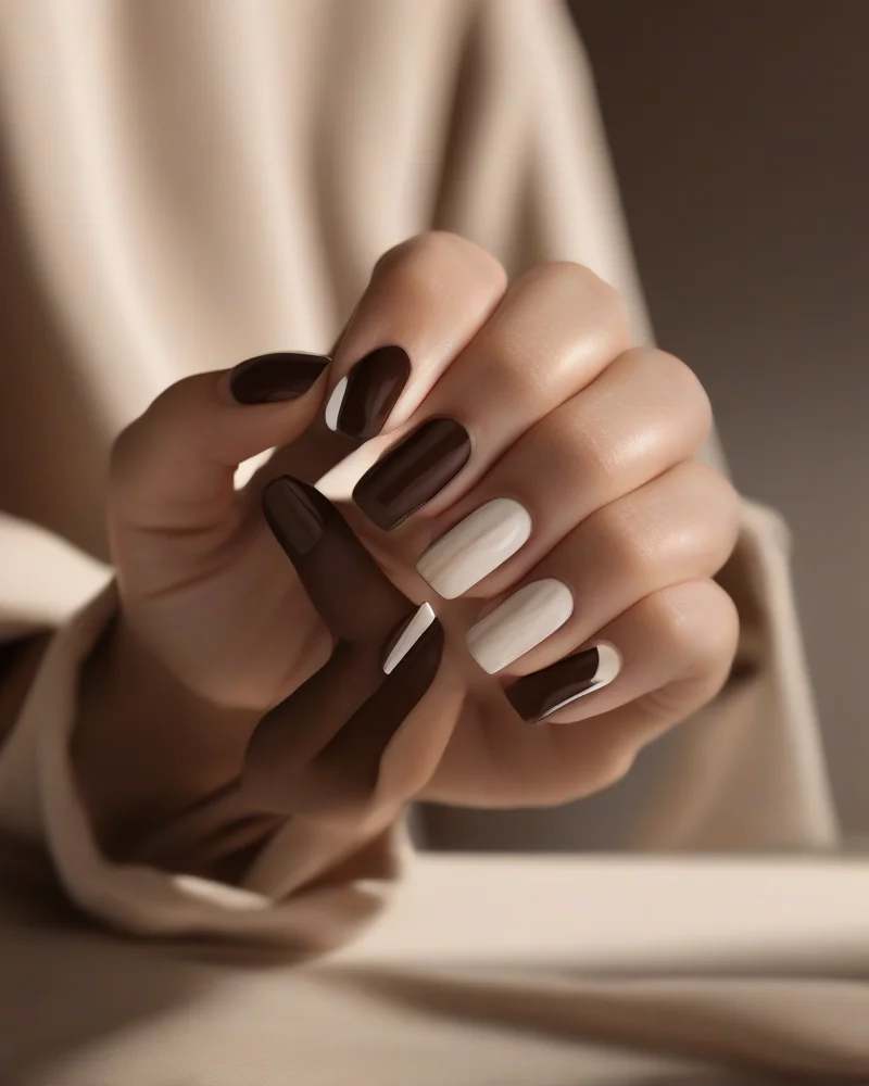 Nail Inspo September 6 Minimalist negative space border nail art featuring thin espresso brown lines on natural nail beds for an autumn aesthetic.