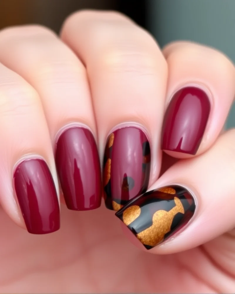 15 Simple Fall Nails That Are Defining Autumn Elegance 6 Tortoiseshell patterned accent nail with mahogany surrounding nails.