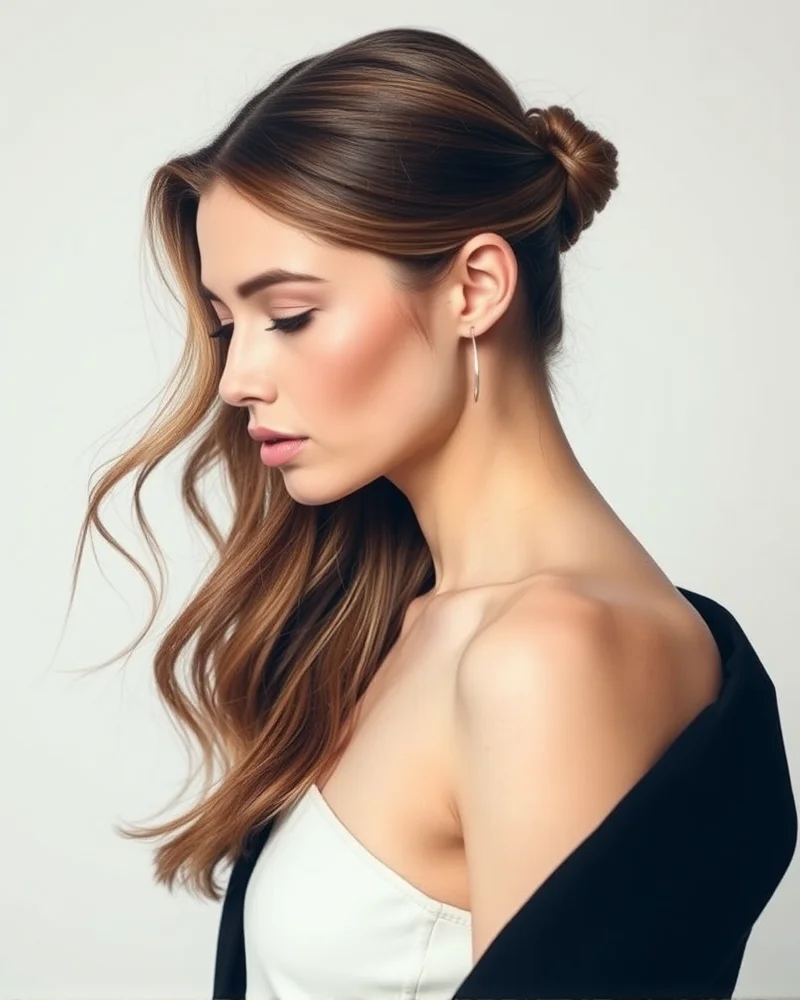 A beautiful half-up, half-down slick back hairstyle with loose waves.