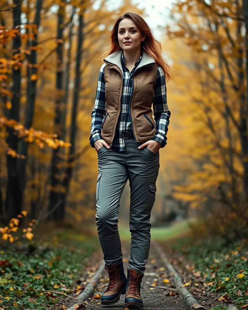 The Ultimate Hiking Outfit Women’s Guide: Functional Meets High Fashion 7 Classic fall-inspired hiking outfit for women in a woodland setting.