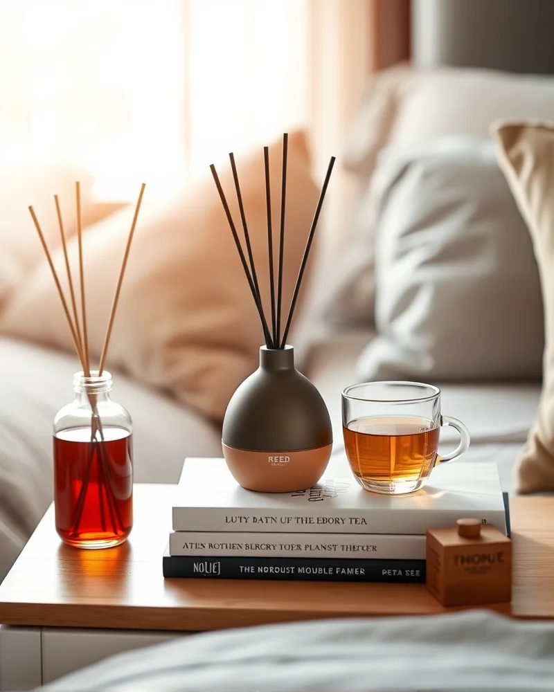 Close up of a luxury reed diffuser on a nightstand to create an autumnal atmosphere.