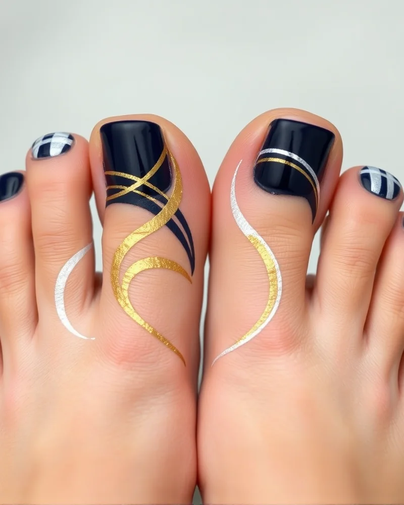 Abstract swirl pattern on toes for a creative nail design.