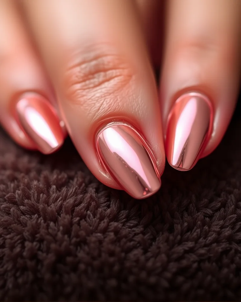 10 Chic Short Fall Nails: The Ultimate Autumn Manicure Edit 7 Short almond nails with a trendy rose-gold chrome finish.