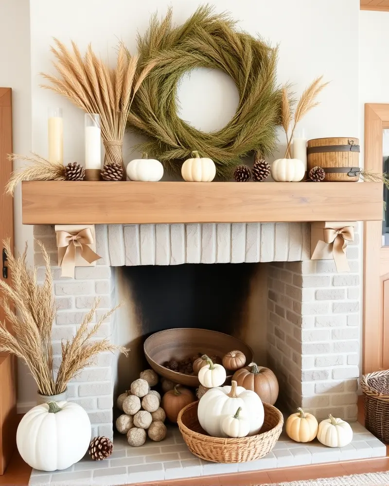 Budget-friendly DIY fall mantle decor using natural gathered elements and hand-painted pumpkins.