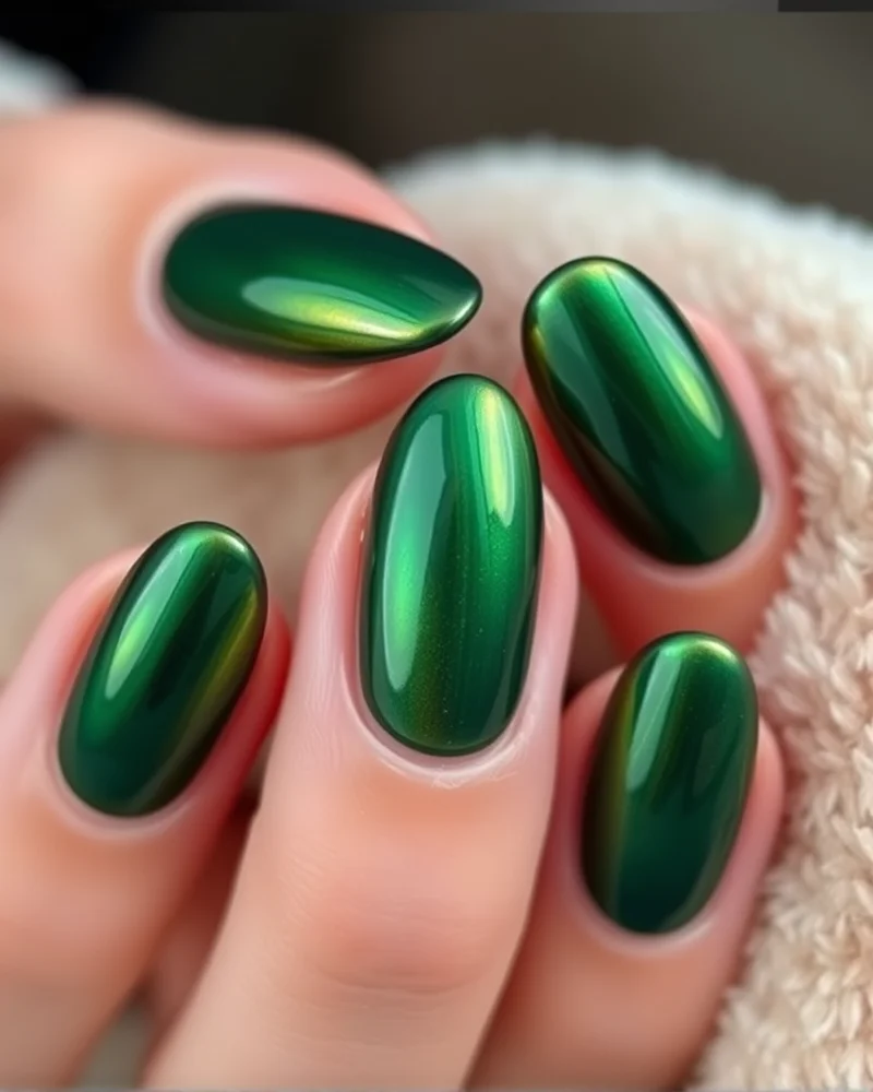 10 Chic End of Summer Nails Ideas to Transition Into Autumn 7 Almond-shaped magnetic cat-eye nails in forest green and gold.