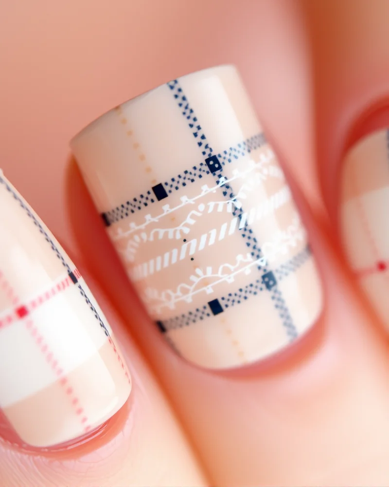 Embossed plaid pattern back to school nails 2026.