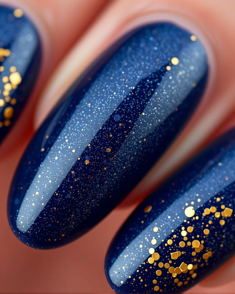 Almond nails featuring a magnetic velvet gel finish in a deep midnight navy with gold shimmer.