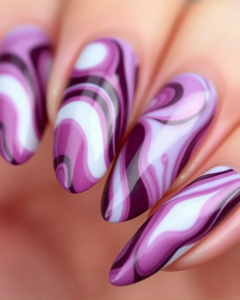 15 Chic September Nail Ideas to Transition Into Autumn 7 Deep plum marble nail art design for a moody September aesthetic.