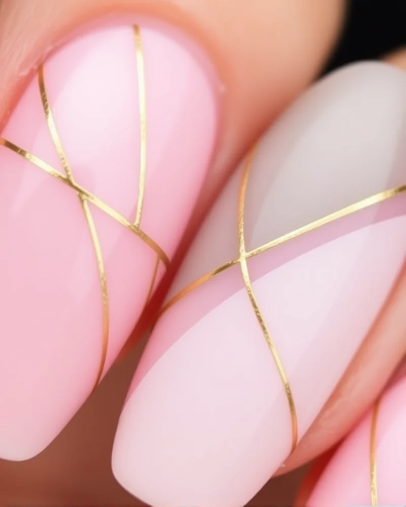 10 Trendy Nails for August: The Ultimate Guide to Late Summer Manicures 7 Modern negative space nail art with gold geometric lines for an August manicure.