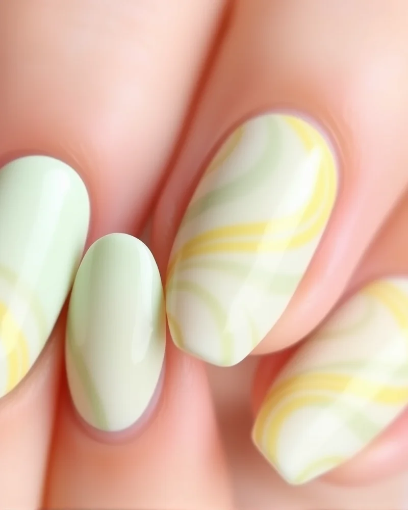 Abstract pastel swirls on short almond nails as a spring trend.