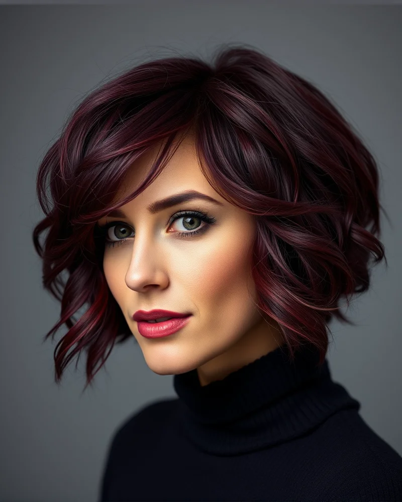 A woman with short, wavy plum-merlot burgundy hair.