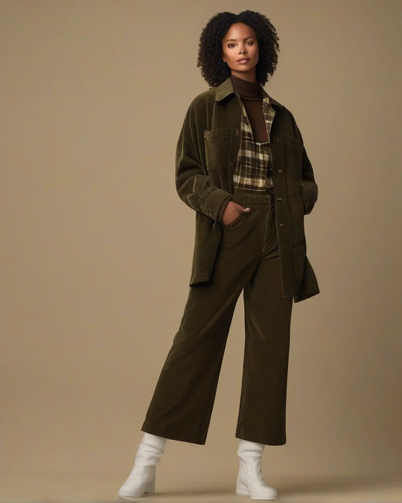 Corduroy trousers and a shacket for a layered concert look.