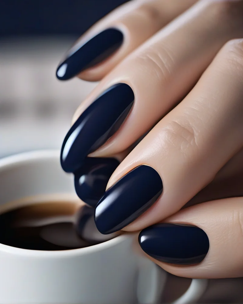 Oval nails in deep midnight navy for a sophisticated September nail colors look.
