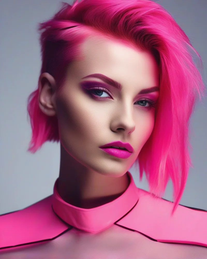 Close-up of an edgy neon pink geometric haircut