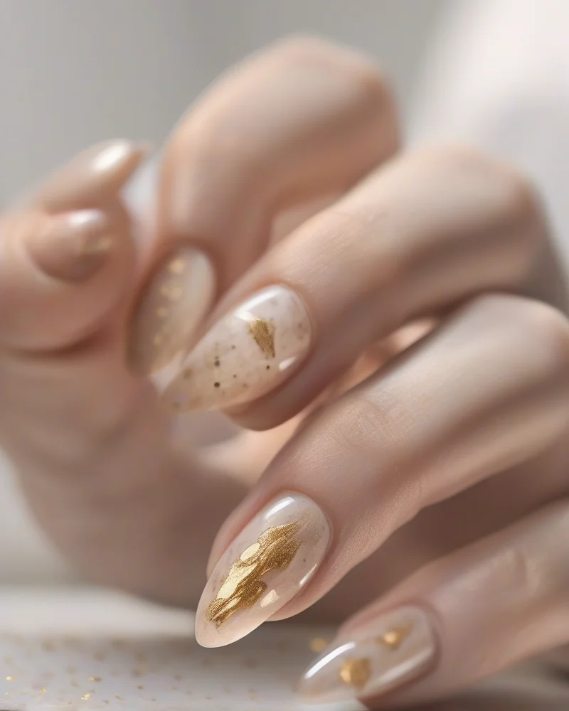 Simple September Nails 6 Close up of minimalist nail art featuring gold leaf tips and single dot accents on a neutral nude polish base for a September aesthetic.