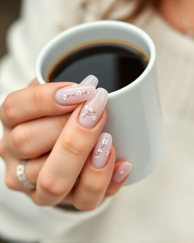 Negative space floral summer nails 2026 in almond shape.