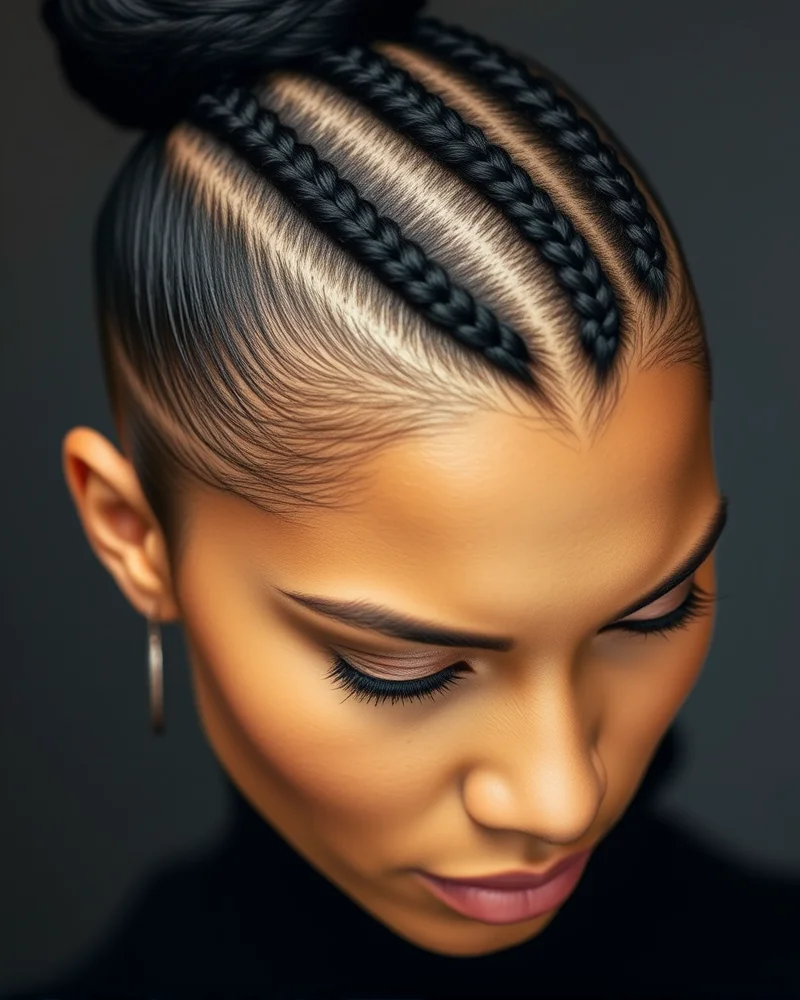 A sophisticated braided slick back hairstyle with tight braids and a neat bun.