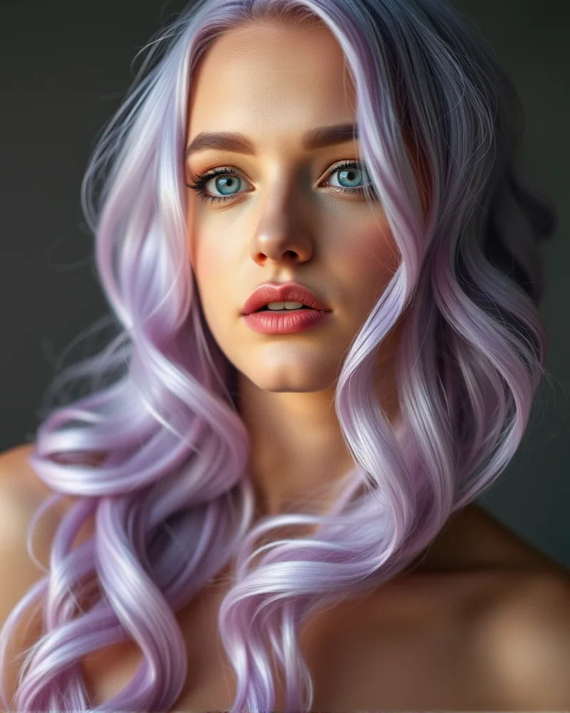 Woman with soft pastel lavender colored hair and artistic style.