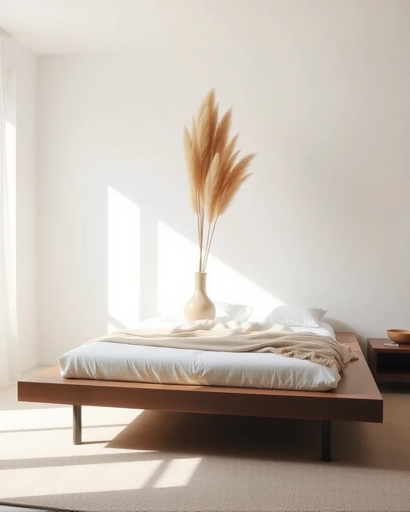 Minimalist bedroom design with clean lines and a single dried botanical accent.