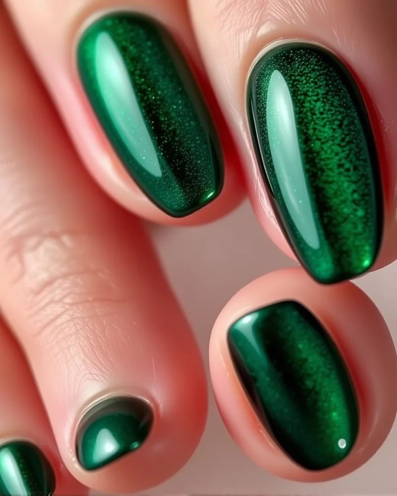 Magnetic velvet cat-eye toe nail design in emerald.