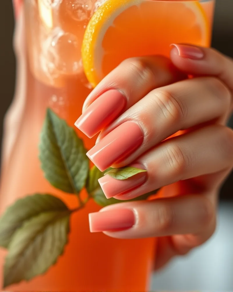 15 Chic & Simple August Nails to Elevate Your Late Summer Aesthetic 8 Sun-kissed coral simple August nails, square shape, held in a summer setting.