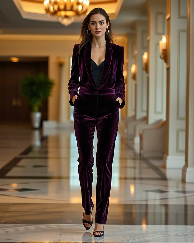 Fall Outfits 2026 Women: The Ultimate Editorial Style Guide 8 Sophisticated velvet pantsuit for fall 2026 women.