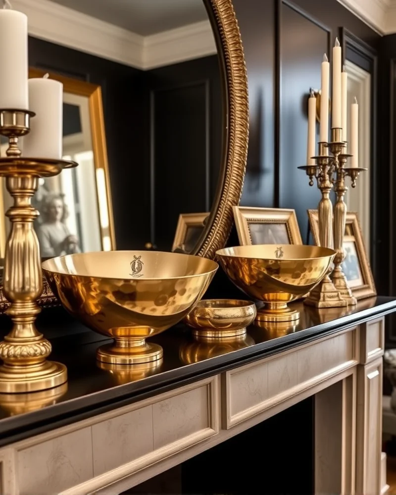 Elevated fall mantle decor using gold, silver, and bronze metallic accents for a luxurious feel.