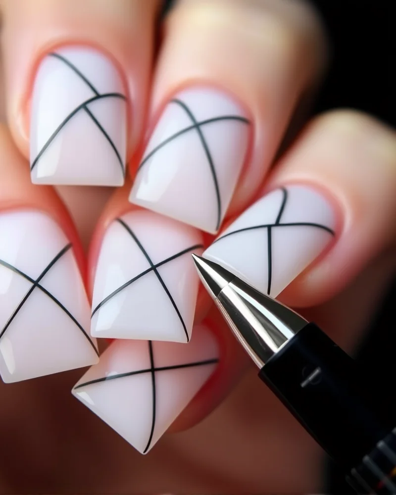 Negative space geometric square nails.