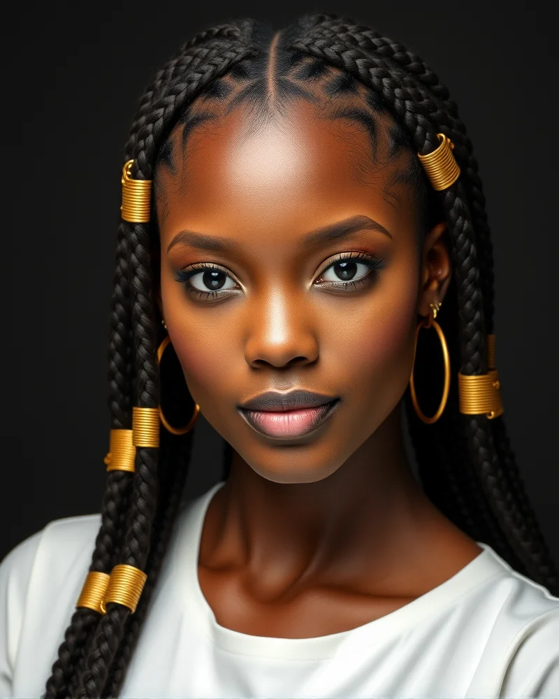 10 Picture Day Hairstyles That Guarantee a Flawless School Portrait 8 A woman with elegant Fulani braids styled with gold cuffs for a portrait.