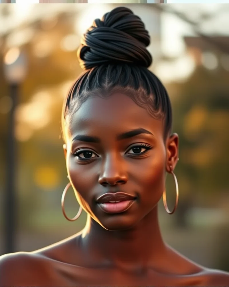 10 Chic Fall Hairstyles for Black Women: The Ultimate Seasonal Guide 8 A sleek, elegant top knot bun on a Black woman.