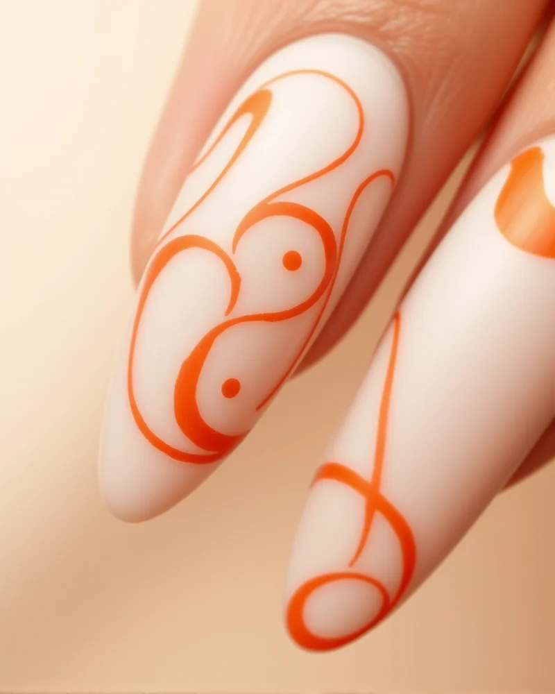 August September Nails: The Ultimate Transition Manicure Guide 8 Terracotta swirl designs on almond nails, reflecting earthy transition aesthetics.