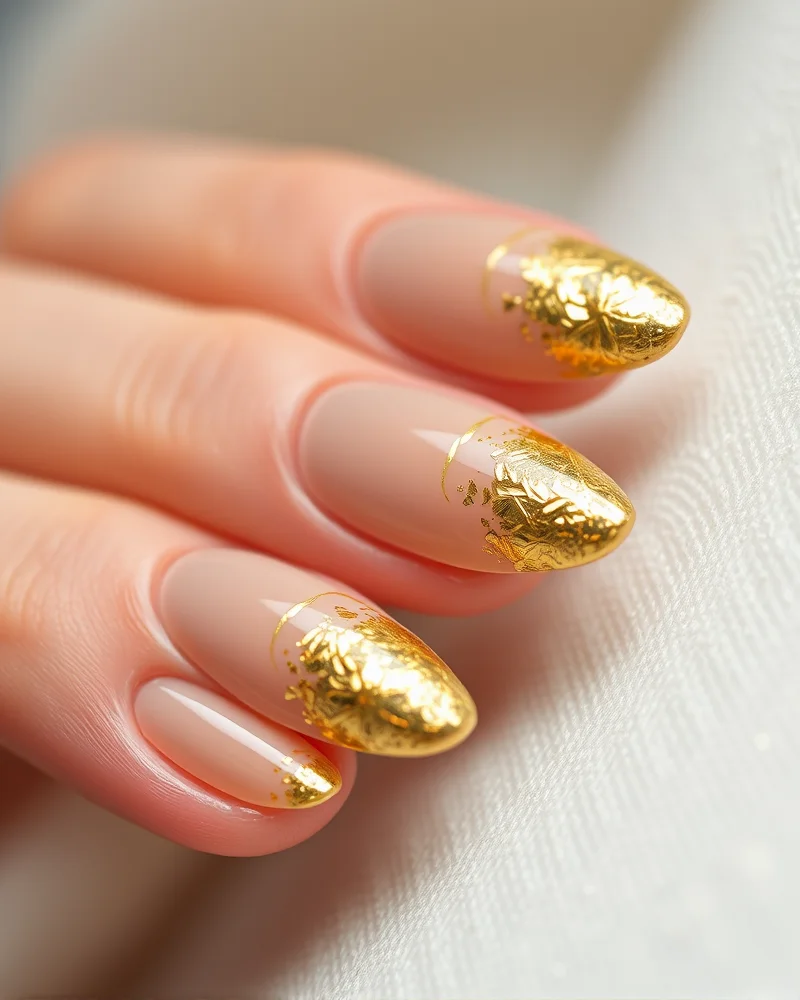 15 Chic September Nails Designs to Elevate Your Seasonal Transition 8 Almond nails with gold leaf tips for September nails designs.