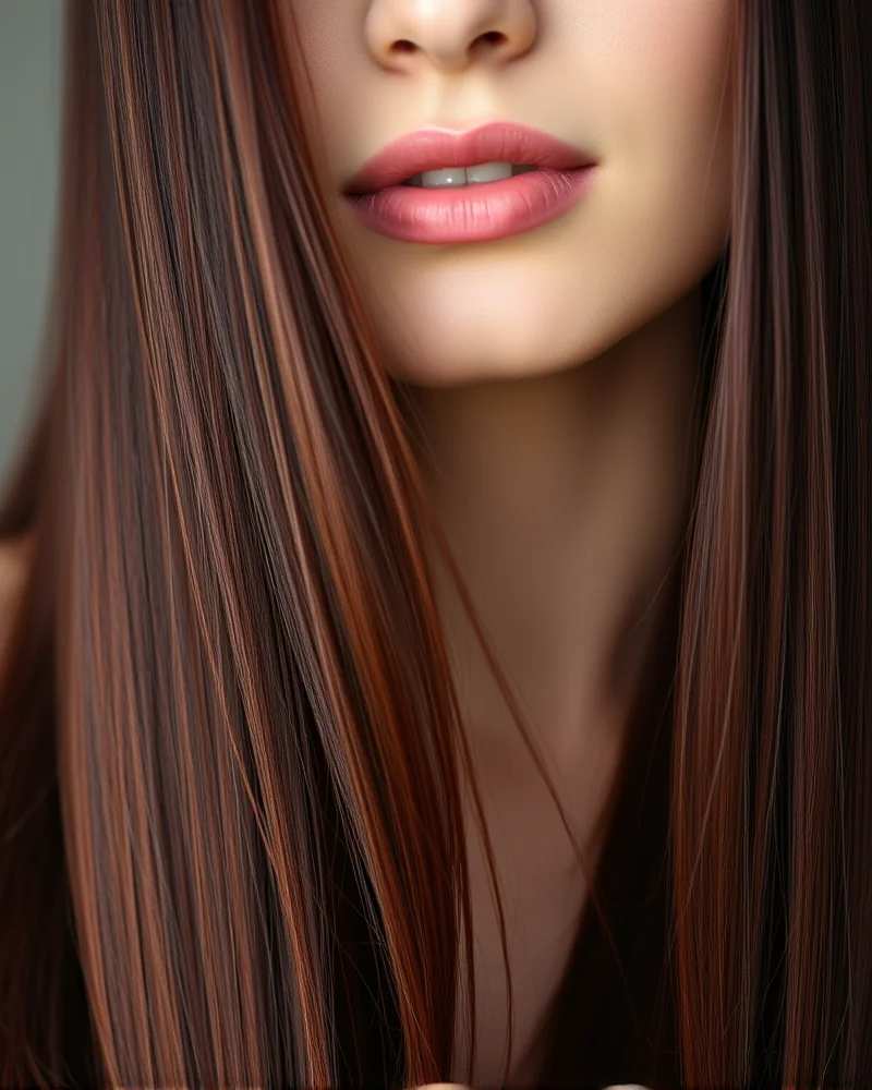 A woman with long, sleek mahogany-burgundy hair.