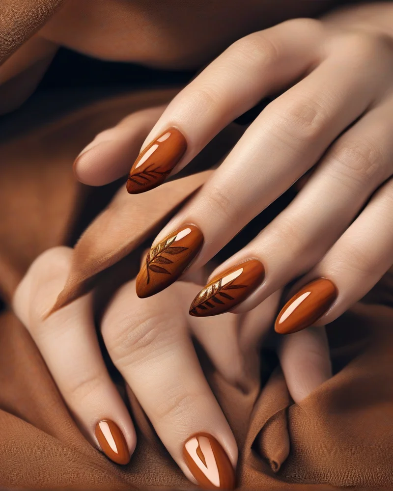 Almond-shaped nails in burnt orange, perfect for seasonal September nail colors.