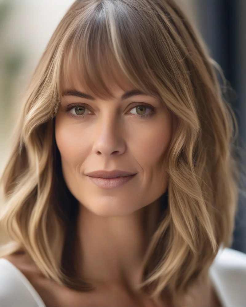 Lowlights and Highlights for Aging Hair 7 Professional salon hair color highlighting and lowlighting on mature hair with curtain bangs and layered cut for face framing.