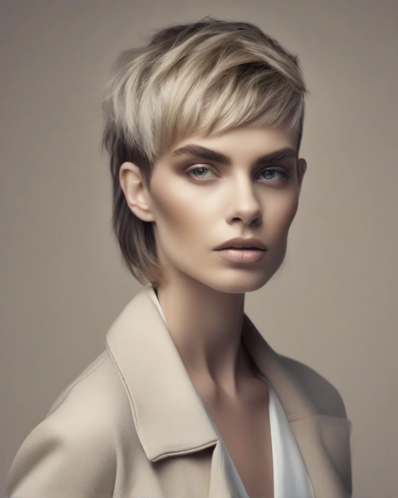 A stylish woman wearing a modern, edgy mullet haircut as part of a high-fashion look.